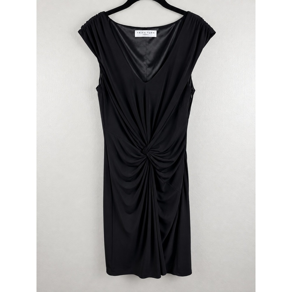 Trina Turk Black Twist Front Ruched Back V Neck Sheath Dress XS Wedding Guest